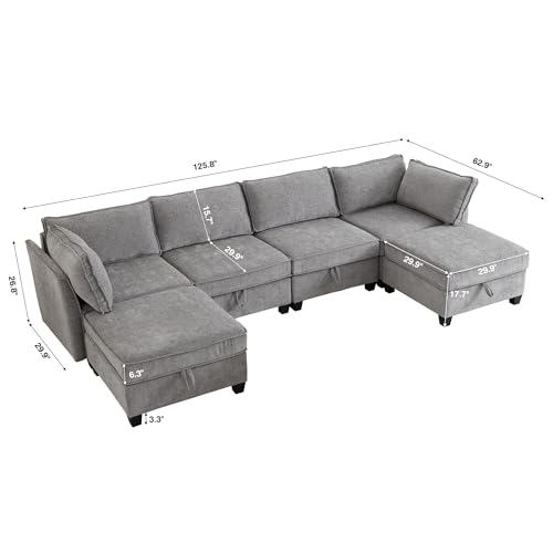 Image of ORRD Oversize Modular Sectional Sofa Set, Convertible U Shaped Couch with Storage, 6 Seater Sofa Modular with Ottomans and Reversible Chaise for Living Room, Office (Grey)