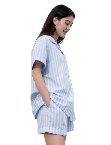 Image of Womens Muslin Pajama Sets 100% Cotton Double Gauze Linen Like Short Pjs | Breathable Soft Comfort Button Up Loungewear Sleepwear PJ Set