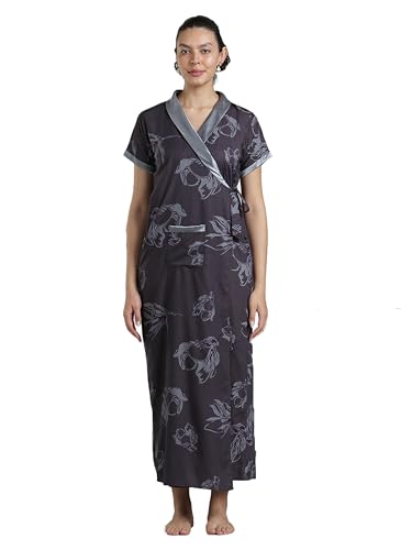 Image of 9shines Label Stylish Cotton Nighty Robe for Women | Front Open Floral Housecoat | Wrap Nighty with Pocket | Adjustable Waist Tie | Plus Size Housecoat (9SHC-PM-L)