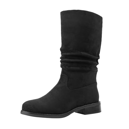 Shoe'N Tale Slouchy Mid Calf Flat Boots for Women Pull On Round Toe Side Zip Fall and Winter Fashion Comfortable Boots