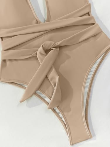 Image of Lilosy Sexy Tie Criss Cross Plunge One Piece Thong Swimsuit High Cut Brazilian Bathing Suit