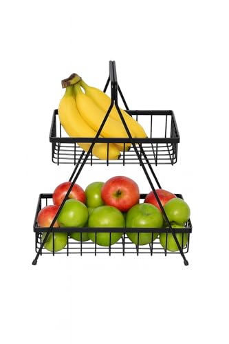Image of Homeor Counter Top 2-Tier Fruit & Vegetable Basket For Dining Table, Centre Table I Metal Fruit Bowl or Bread Vegetables Storage Organizer Holder I Multi-Purpose Basket for Kitchen & Home, Black