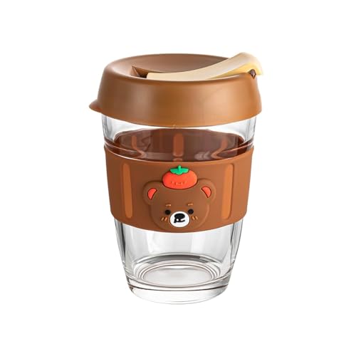 Image of Kamvy Cute Glass Mug with Lid & Silicone Cartoon Sleeve | Pack of 1, 350ml Leakproof Sipper Cup | Heat Resistant Glass Cup for Coffee | Reusable Travel Mug for Kids & Adults (BROWEN)