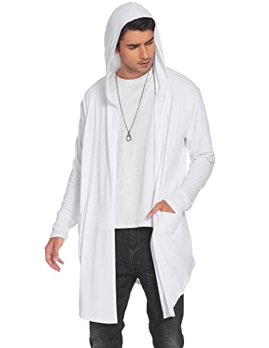 COOFANDY Men's Long Hooded Cardigan Shawl Collar Lightweight Open Front Drape Cape Overcoat with Pockets White