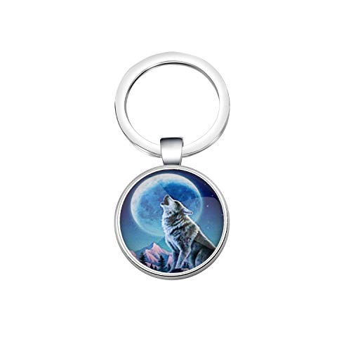 PENQI Full Moon Wolf Keychain Wolf and Moon Keychain Howling Wolf Keychain for Women Men (Silver)