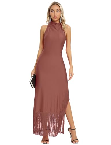 Image of Aigeman Women Vintage Flapper Dresses 1920s Great Gatsby Halter Fringed Maxi Dress Tassels High Split Formal Dress 19