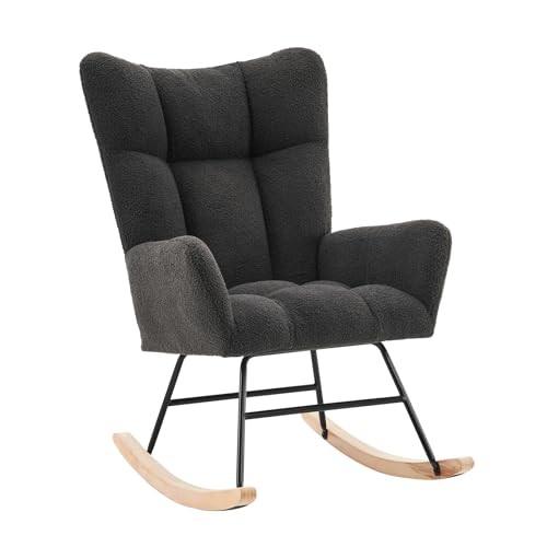 Image of FurniTribe Rocking Chair for Nursery, Upholstered Teddy Fabric Nursing Chair with High Backrest, Modern Accent Glider Rocker Chair for Living Room Bedroom (Dark Gray)