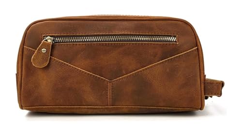 Leather Travel Overnight Toiletry Bag, Cosmetic Organizer, Shaving Bag, Makeup Case, Storage Pouch for Brushes & Jewelry (Brown) - Main Image