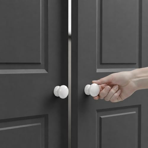 Image of trust4care 4-Pack Ceramic White 1.5 inch Bifold Closet Door Cabinet Knobs Pulls | Large Wide Base Zinc Round Kitchen Cabinet Wardrobe Dresser Dummy Doorknobs, Furniture Pantry Sideboard Buffet Drawer Handles
