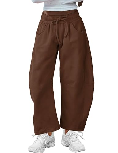 Hongsui Women's Barrel Leg Pants Elasticated Waistband Soft Wide Leg Pants with Pockets Casual Sweatpants