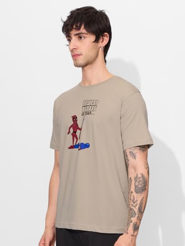 Image of The Souled Store Official Deadpool: Newest Badass Men and Boys Short Sleeves Round Neck Brown Graphic Printed Regular Fit Cotton T-Shirts