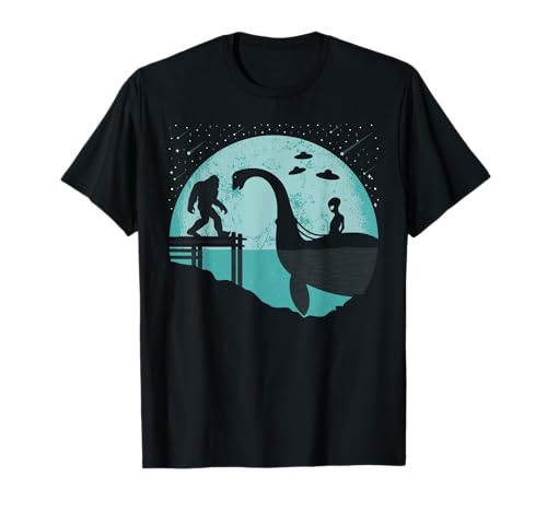 Bigfoot Loch Ness Monstruo Ufo Luna Divertido Alien Montar Nessie Camiseta