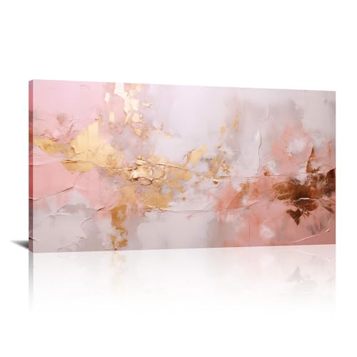 Art mural abstrait or rose et rose pour salon cadre 70x140 cm