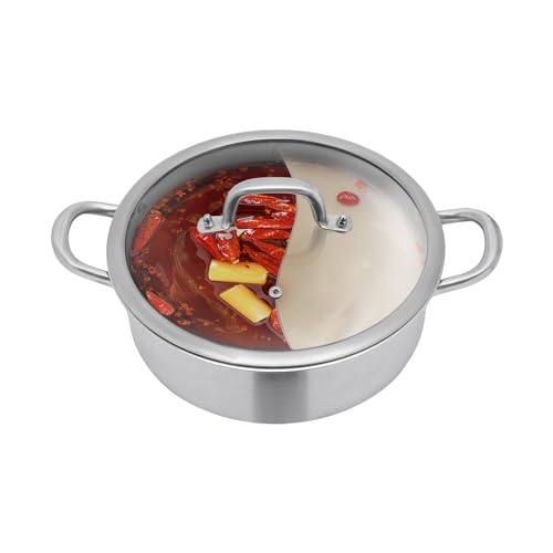 Olla de acero inoxidable 304, sartén con 2 cucharones, doble shabu con tapa de cristal transparente, para fiestas, hogares, 28,3 x 13 cm, color plateado