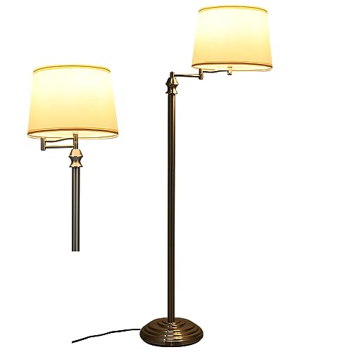 TANGZON Floor Lamp with Swing Arm, 152cm Standing Light with TC Fabric Shade, E27 Holder, Foot Switch & Weighted Base, Modern Reading Standard Lamps for Living Room, Bedroom and Office