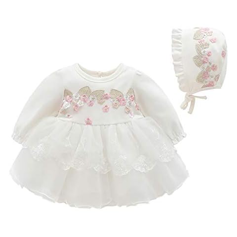 inlzdz Baby Girls White Long Sleeve Tulle Tutu Dress Birthday Baptism Baby Shower Special Occasion Princess Dress Outfits White Embroidered 3-6 Months Cover