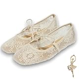 SENSEADE Lace Ballet Flats for Women, Ballet Flats with Strap, Pink Elegant Square Mesh for Girls, Comfortable Party(Beige,6)