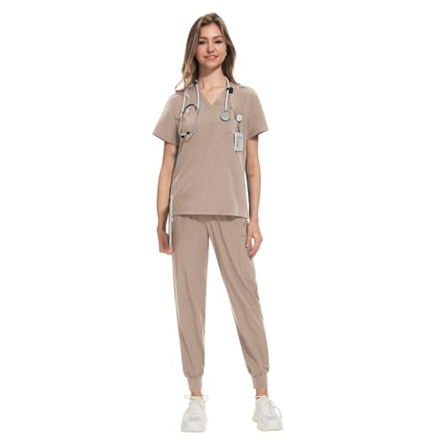 VIAOLI Jogger Scrubs for Women Set V-Neck Top & Jogger Pants Nursing Uniform Stretch Scrubs Set Clearance (Khaki,S,Small)
