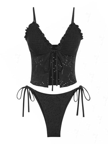 seamoly Ruffled Trim Textured Tied Side Tanga Tankini Set