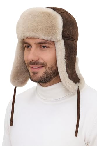 Image of Leather Aviator Shearling Ushanka Trapper Hat Russian Sheepskin Cap Real Fur Winter Hat with Ear Flaps for Men Women
