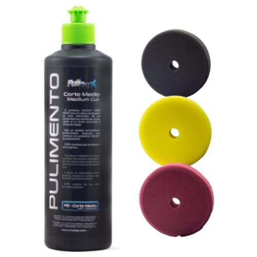 AutoFullCar - Kit Pulido Coche - Pulimento Corte Medio FullCarX 500ml + 3 Boinas diferentes Acabados - Para Pulidora 150 mm. - Carrocería - Faros (Pulimento + 3 Boinas Distinto Corte)