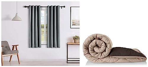 Image of Amazon Brand - Solimo Microfibre Reversible Comforter, Double (Subtle Beige & Walnut Brown, 200 GSM), 50 TC Room Darkening Blackout Window Curtain, 5 Feet, Set of 2 (Grey)
