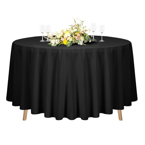 Teruntrue Lot de 1 Nappe Ronde Noire Tissu de 228cm, Lavable Nappes pour Tables Ø90-180 cm,Grande Nappe Ronde en Polyester pour Fête Mariage Buffet Camping...