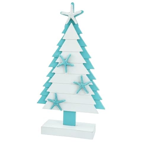 TideAndTales Coastal Christmas Decor Wooden Christmas Tree w/Starfish (14" x 8') Tropical Theme Beach Christmas Ornaments, Christmas Decorations Gift for Beach Lover, Gift Boxed Cover