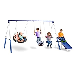 XDP Recreation Swingin’ More Fun – Outdoor Backyard Playground Kids Swing Set. White/Blue