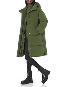 Amazon Essentials Damen Lange Oversize-Daunenjacke mit Kapuze (in Übergröße erhältlich), Dunkles Olivgrün, L