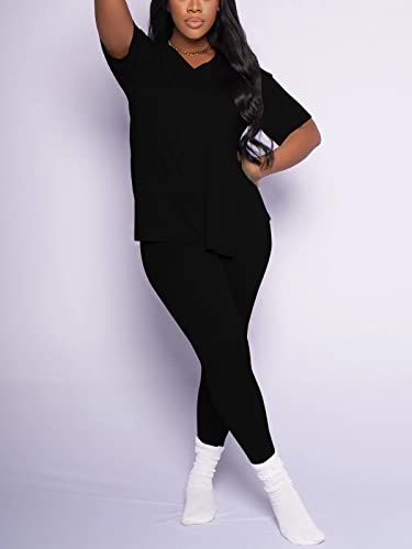 Nimsruc Two Piece Outfits For Women Jogger Sweat Suits Short Sleeve Tracksuits Lounge Matching Pants Sets Black Xl #TOP3