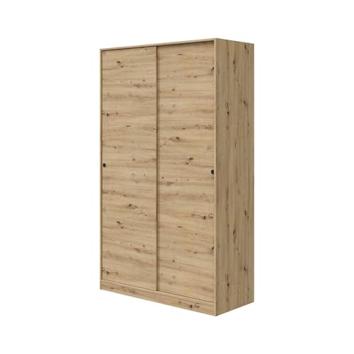 Schwebetürenschrank >ENZO< (B/H/T: 120/200/50 cm), Nodi Eiche Dekor, 2 Türen, 6 Innenfächer, 1 Kleiderstange, höhenverstellbare Regalböden, Metallbodenträger, ABS-Schienen, zerlegt geliefert.