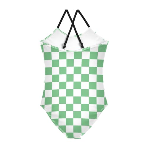 Image of Black and White Chess Girls One Piece Swimsuits Board Marble Tile Sport Halter Swimwear Beach Bathing Suit 3T