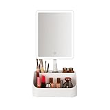 Rechargeable Makeup Mirror Organizer with LED Lights & 20X Magnification, Large Capacity Cosmetic Display Case for Skincare & Makeup Brushes, Countertop Vanity Organizer for Bedroom, Bathroom (Cream)