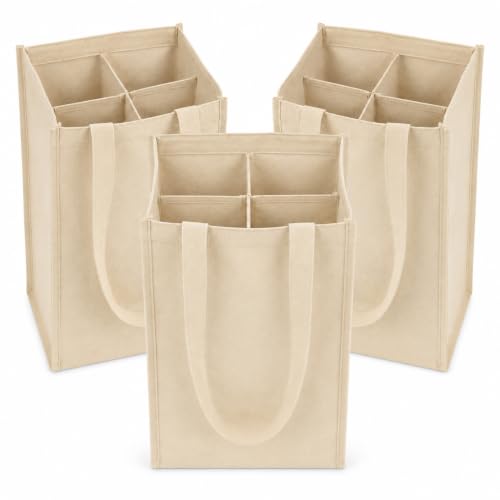 Hsei 3 Pcs Reusable 4 Bottle Wine Tote Bag with Divider Canvas Wine Bottle