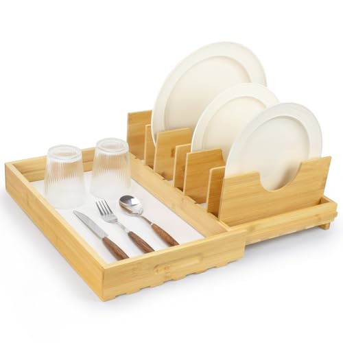 Bamboo Dish Drying Rack with Diatomaceous Earth Dish Drying Pad, Ultra Absorbent, Instant Dry, Space - Saving&Pull-out Design, Eco - Friendly Drying Mat for Dishes Cups, Match Any Countertop