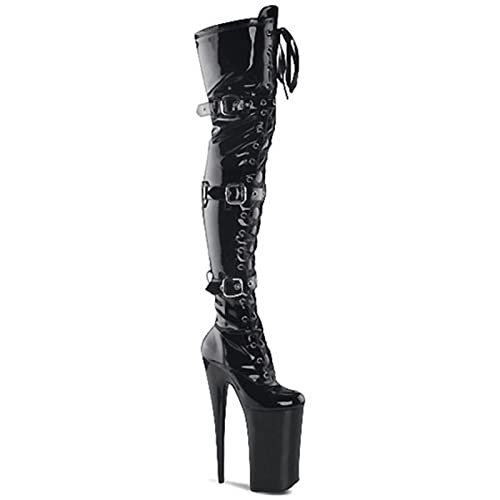 Bottes au-dessus du genou en cuir verni noir haut de gamme à lacets