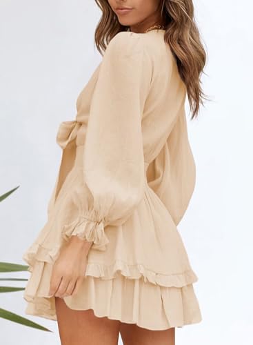 Image of Dokotoo Womens Casual Spring Fall 2025 Deep V Neck Knotted Tiered Chiffon Elegant Mini Short Swing Skater Dresses
