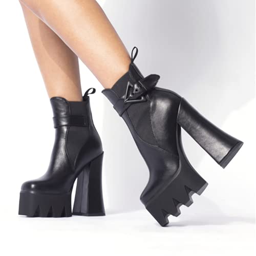 DETOGNI Women's Buckle Strap Thick Heel Square Toe Platform Booties Ladies' Elastic band High Heel Fashion Casual Ankle Boots3