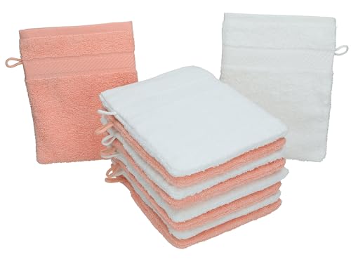 Betz Paquete de 10 Piezas de Manoplas de baño Palermo 100% algodón Juego de Guantes para lavarse tamaño 16x21 cm de Color Blanco y Albaricoque