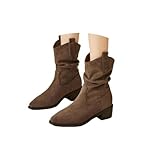 ENEN Santiag Femme Bottes Daim Western Bottes Cowboy Femme Talon Haut Mi-Mollet Chaussures Décontractées À La Mode Boots Santiag Cowboy femmes Basse Taille 35-42, Marron Kaki (Marron,38)