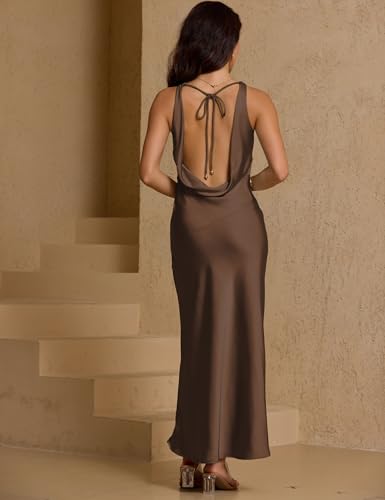Image of KOUNAI Satin Backless Formal Maxi Dresses for Women Wedding Guest | Silk,Cowl Neck,Drape Neck,Open Back,Sleeveless,Tie Back,Elegant,Cocktail,Bridesmaid,Beach,Vacation,Party,Graduation,Midi