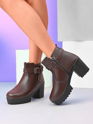 Image of XE Looks Fashionable & Trendy Block Heel Ankle Boots for Women with Buckle Detail and Zipper Closure, Ideal for Casual and Dressy Outfits for Women & Girls