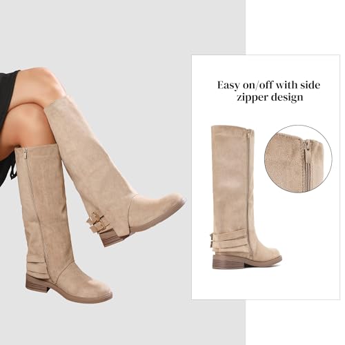 Putu Women's Fold Over Boots Flat Knee High Boots Faux Suede4