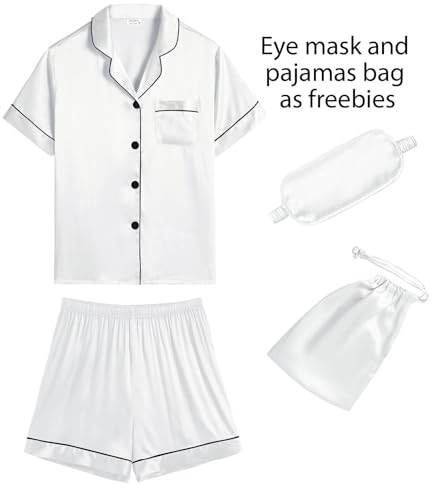 SWOMOG Couple Silk Satin Pajama Set Women & Men Short Sleeve 2pc Pjs Button Down Sleepwear Loungewear2