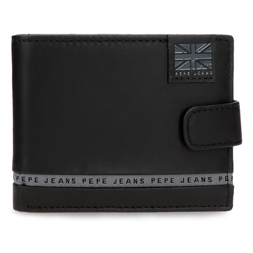 Portefeuille horizontal Pepe Jeans Tape noir 11 x 8,5 x 1 cm en cuir véritable avec clic