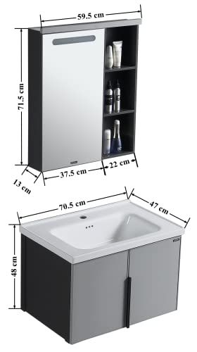 Image of Plantex Aluminum Bathroom Vanity Cabinet Set /LED Light Glass Mirror Cabinet /Ceramic Basin for Bathroom - Wall Mount (Grey)