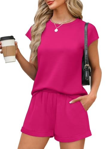 Image of WIHOLL 2 Piece Sets for Women Casual Summer Travel Vacation Outfits Cap Sleeve Shorts Lounge Set