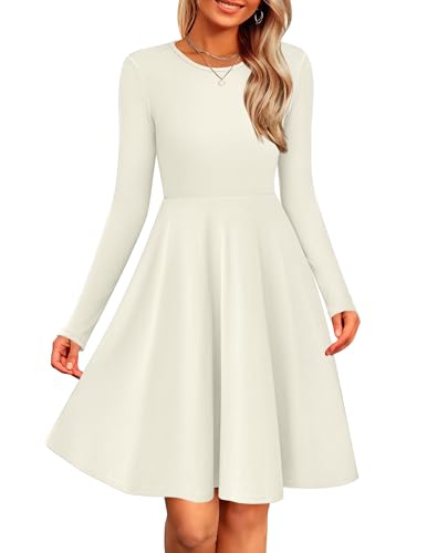 Zeagoo Damen Kleider Langarm A-Linie Elegant Strickkleid Rundhals Herbstkleid Einfarbig Tunika Kleid Leichte Winter Pulloverkleid Beige L