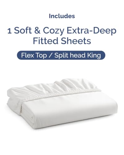 Image of Extra Deep Flex Top Split Head King Fitted Sheet - Hotel Luxury Single Fitted Sheet Only - Easily Fits 18 inch to 24 inch Mattress - Ultra Soft, Wrinkle Free w /Extra Deep Pockets - White